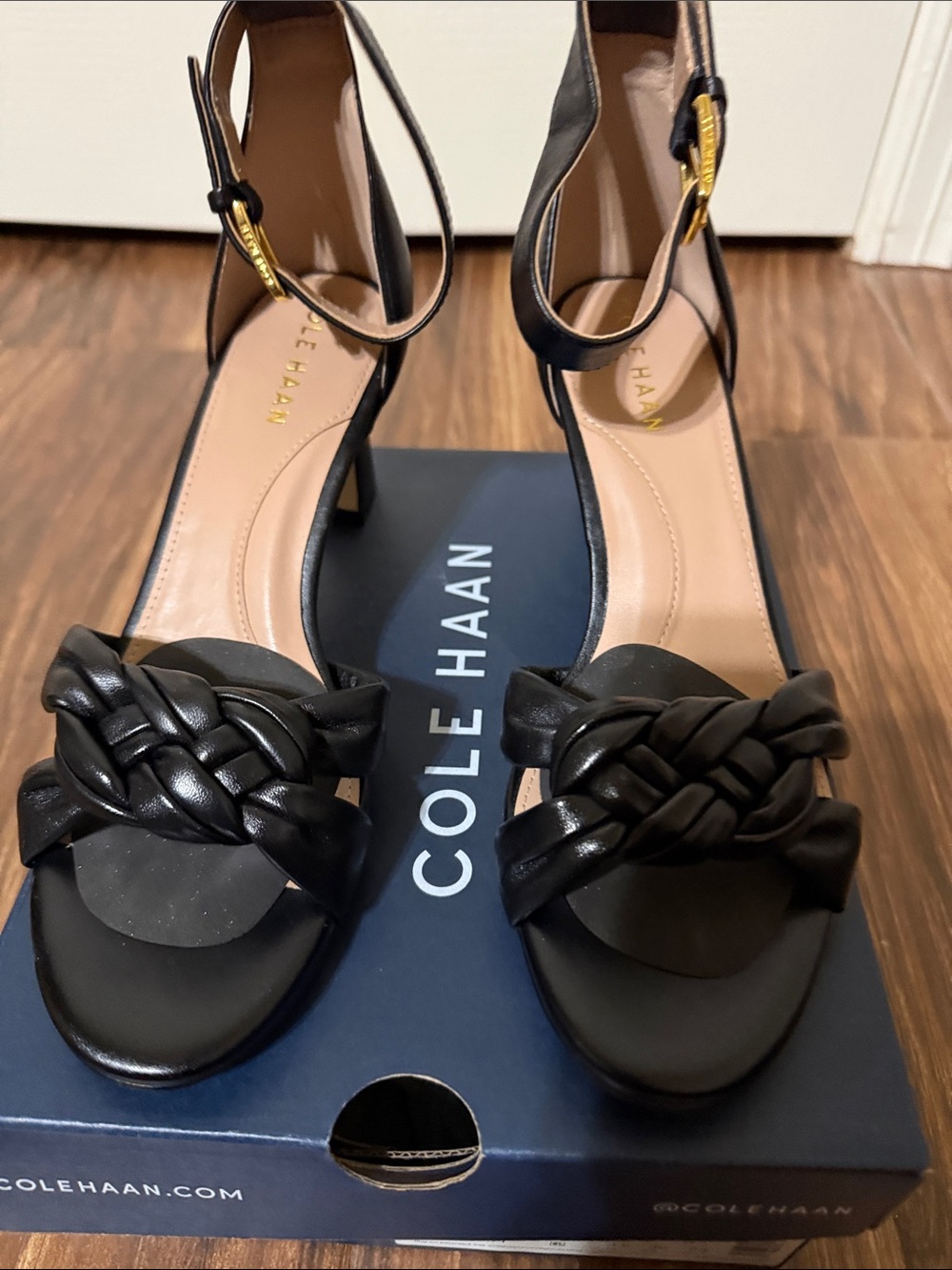 Cole Haan Black Braided Leather Ankle-Strap Heels